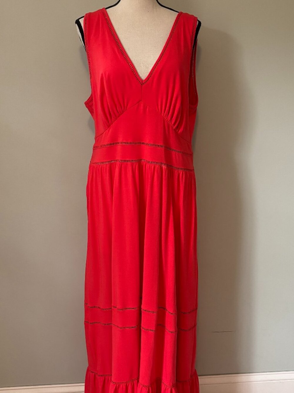 Lands' End Red Smocked Waist Tiered Maxi Dress Large Like New - Picture 1 of 6